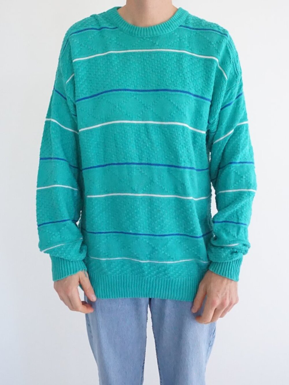 Vintage 417 Van Heusen Turquoise Blue Striped Cotton Knit Made in USA Sweater XL